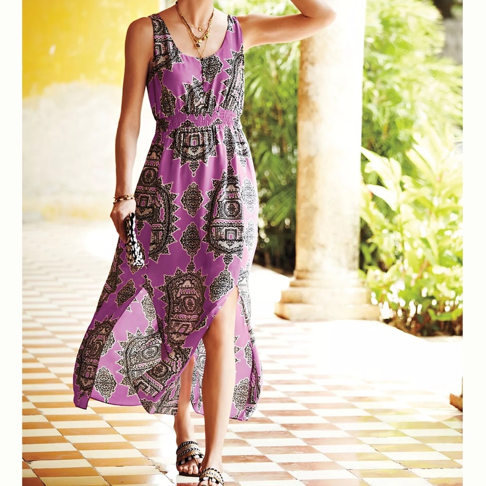 Anthropologie Maeve Annas Silk Patterned Maxi Dress Purple Black Front Slits XL